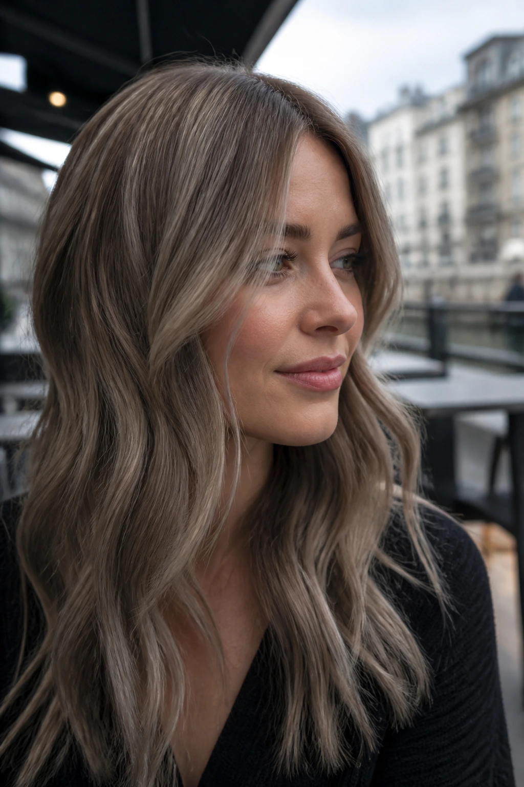 Portrait of a real person showing mushroom beige blonde with cool low-contrast ribbons