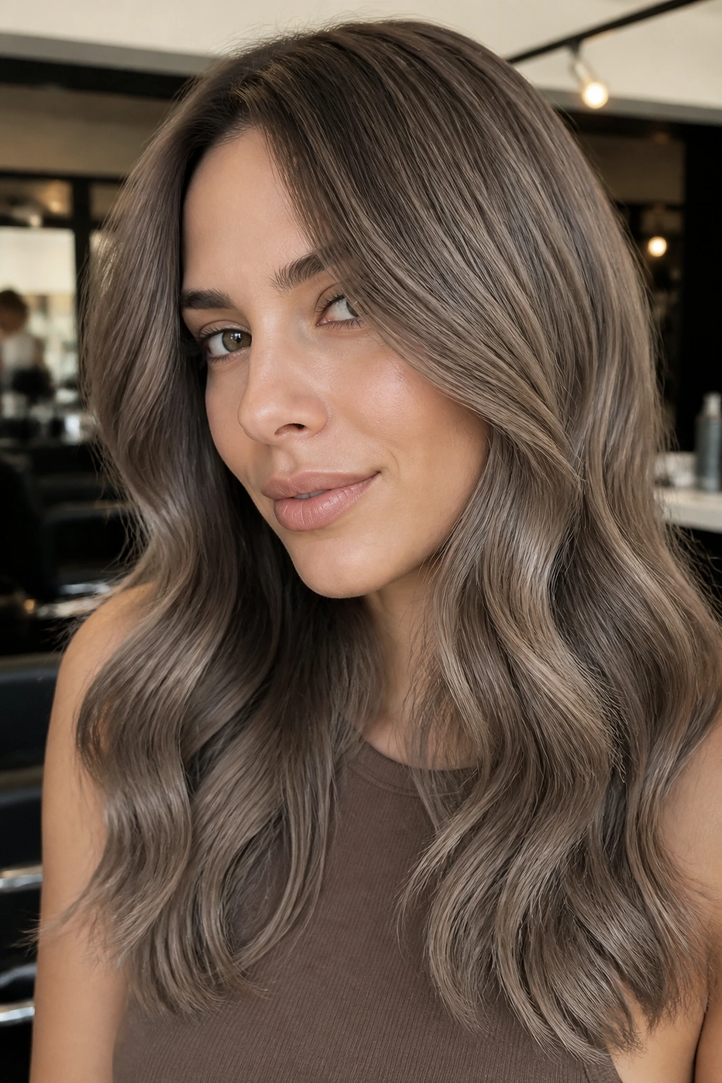 Close-up of real woman with mushroom beige brunette hair and soft waves