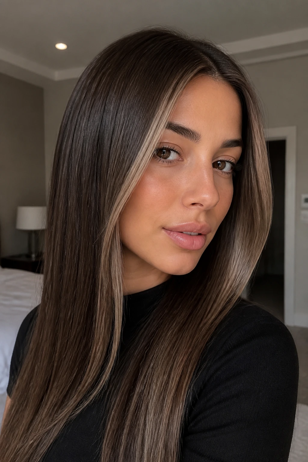 Close-up of cool taupe front highlights framing a brown-haired face