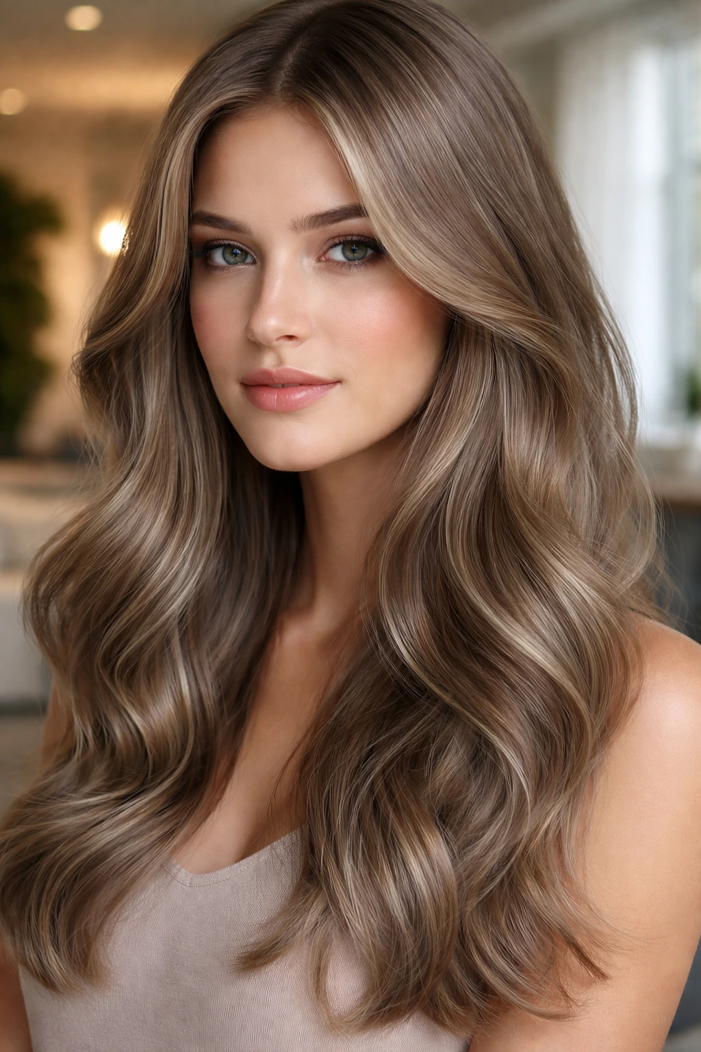 Close-up of a woman with mushroom beige hair and a glossy finish.