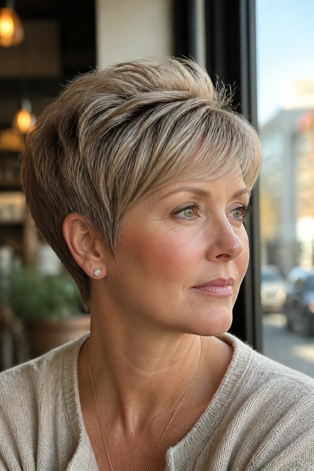 Portrait of a real woman with mushroom beige pixie and feathered crown in a cafe setting