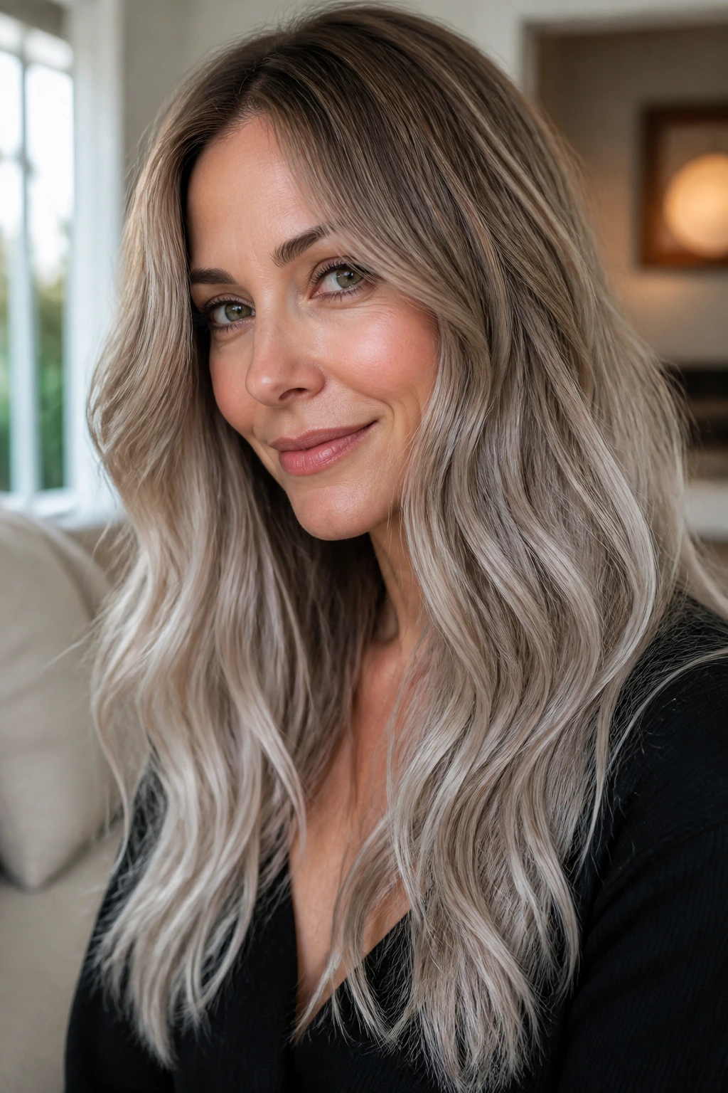 Woman with mushroom beige to silver ash hair transition in natural light