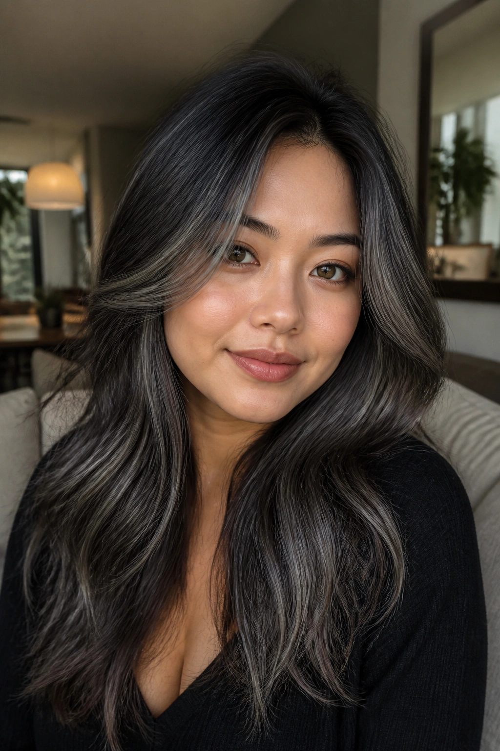 Close-up portrait of a real person with mushroom-black hair and smoky grey glaze.