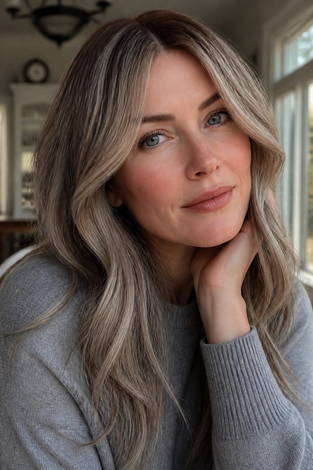 Close-up of a real woman with mushroom blonde ashy depth