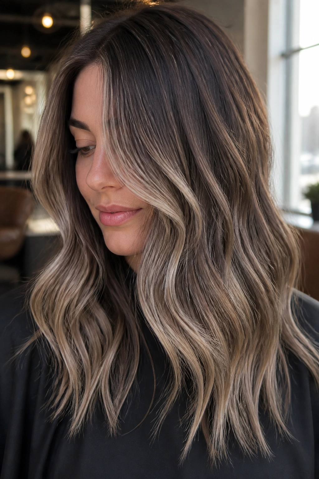 Close-up portrait of a real woman with mushroom blonde balayage on cool brunette hair with taupe-beige ribbons.