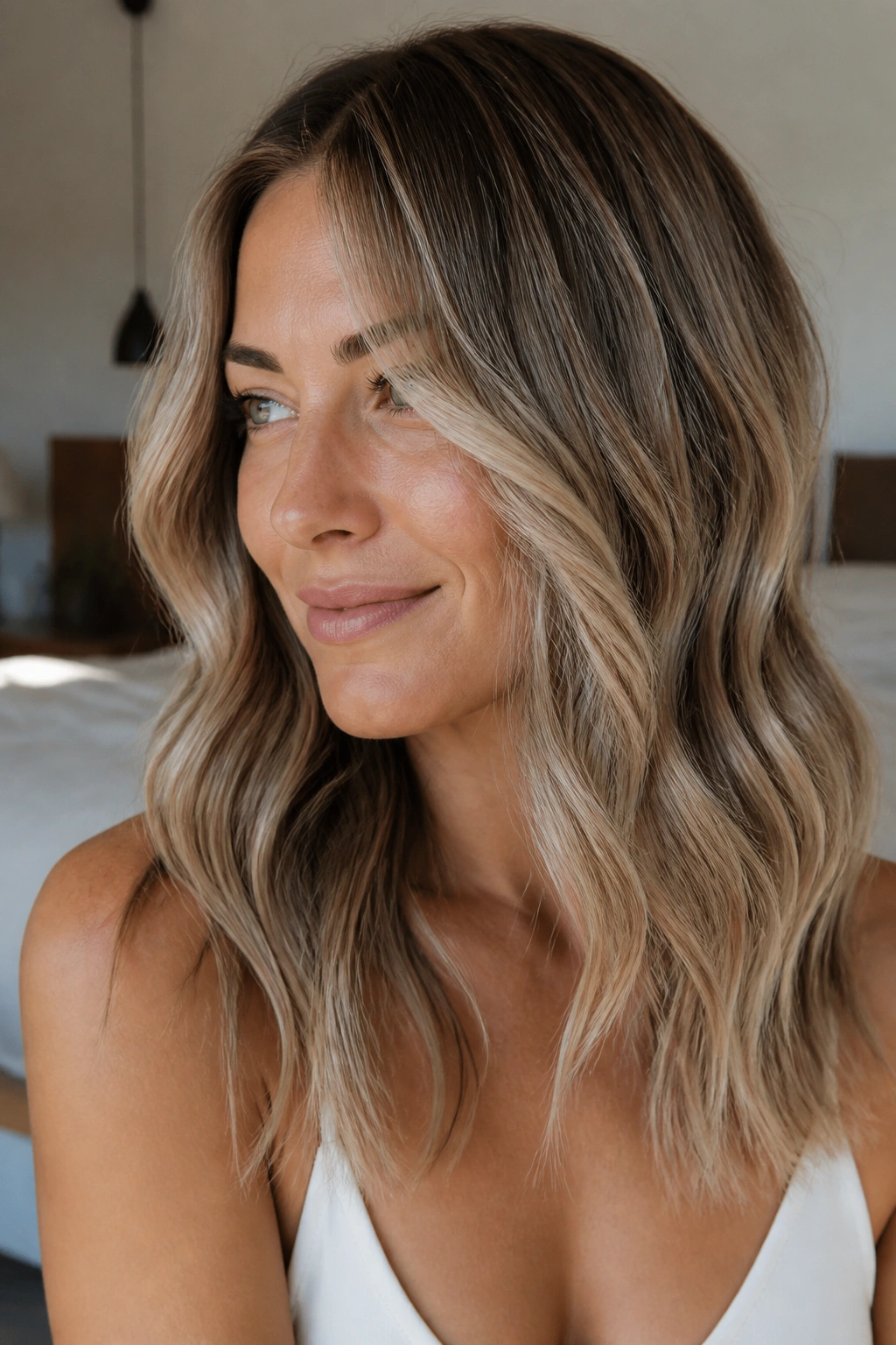 Close-up of a real woman with mushroom blonde balayage showing soft depth in waves