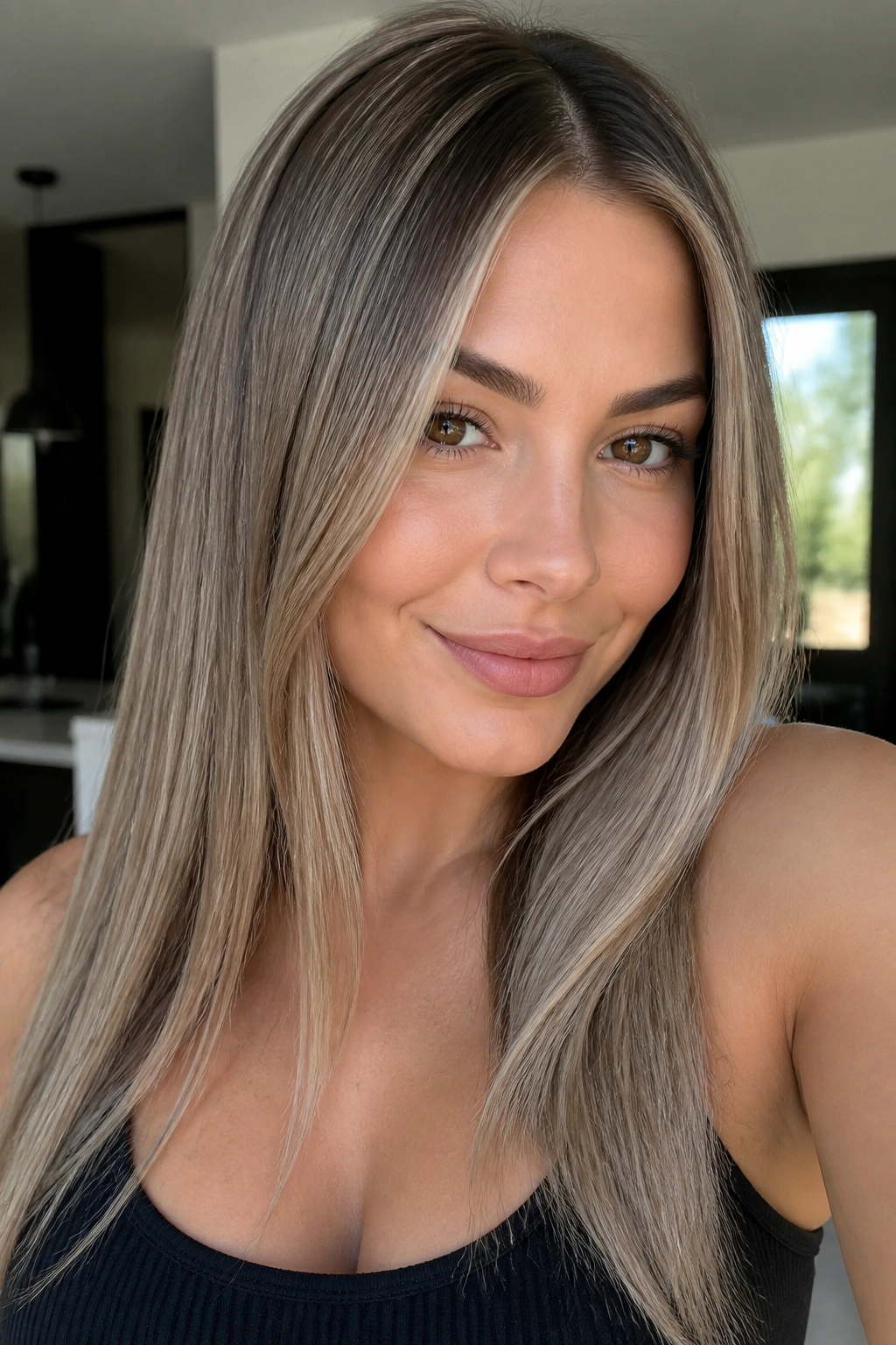 Real woman with mushroom blonde balayage on straight hair.