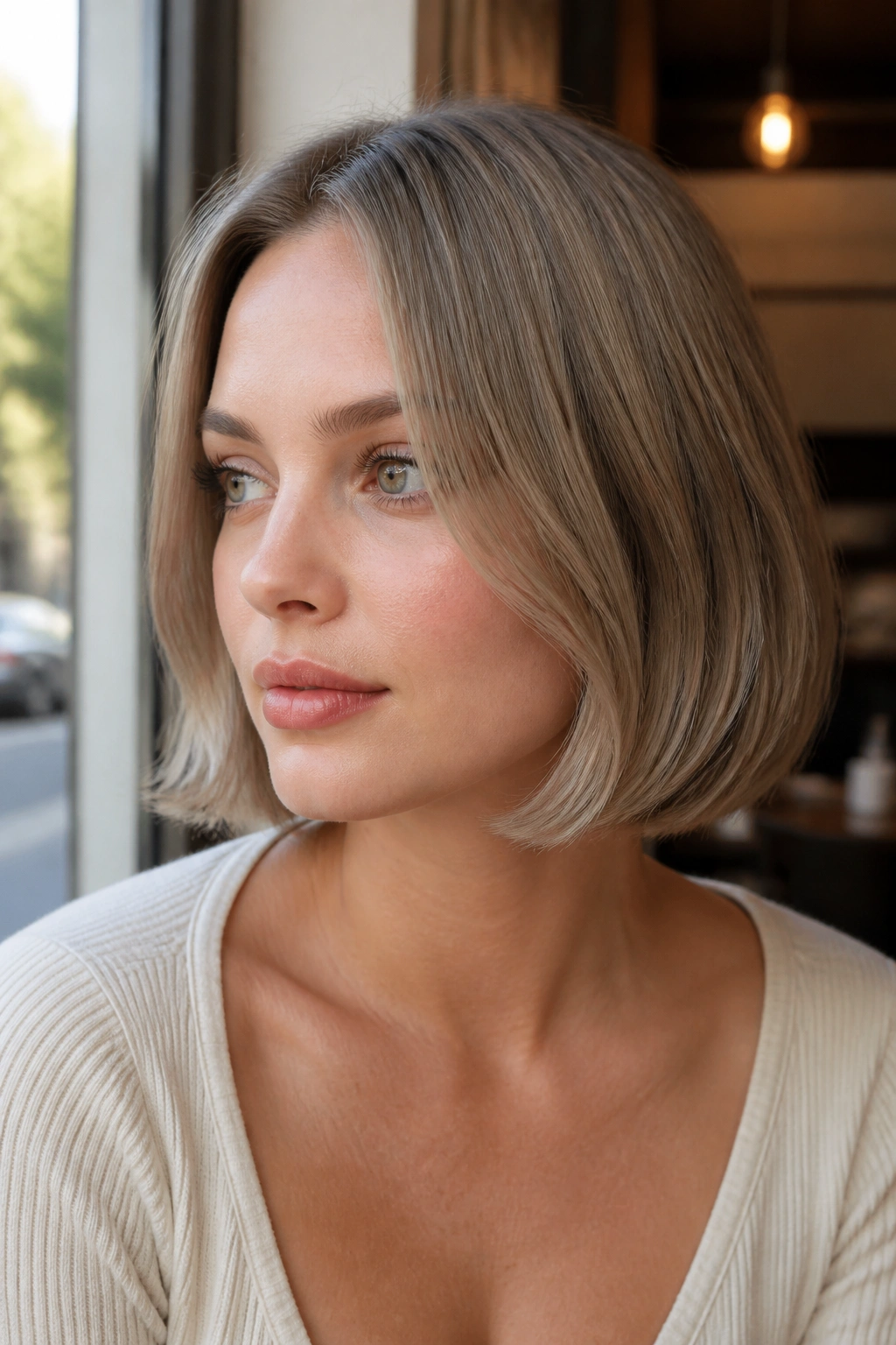 Portrait of a woman with mushroom blonde bob and soft bend