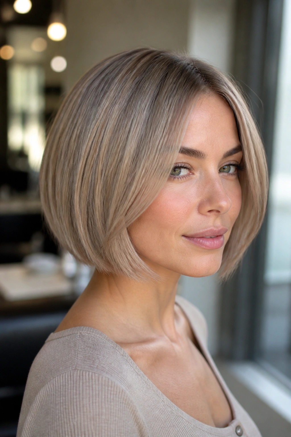 Portrait of a real woman with mushroom blonde bob in beige-ash tones