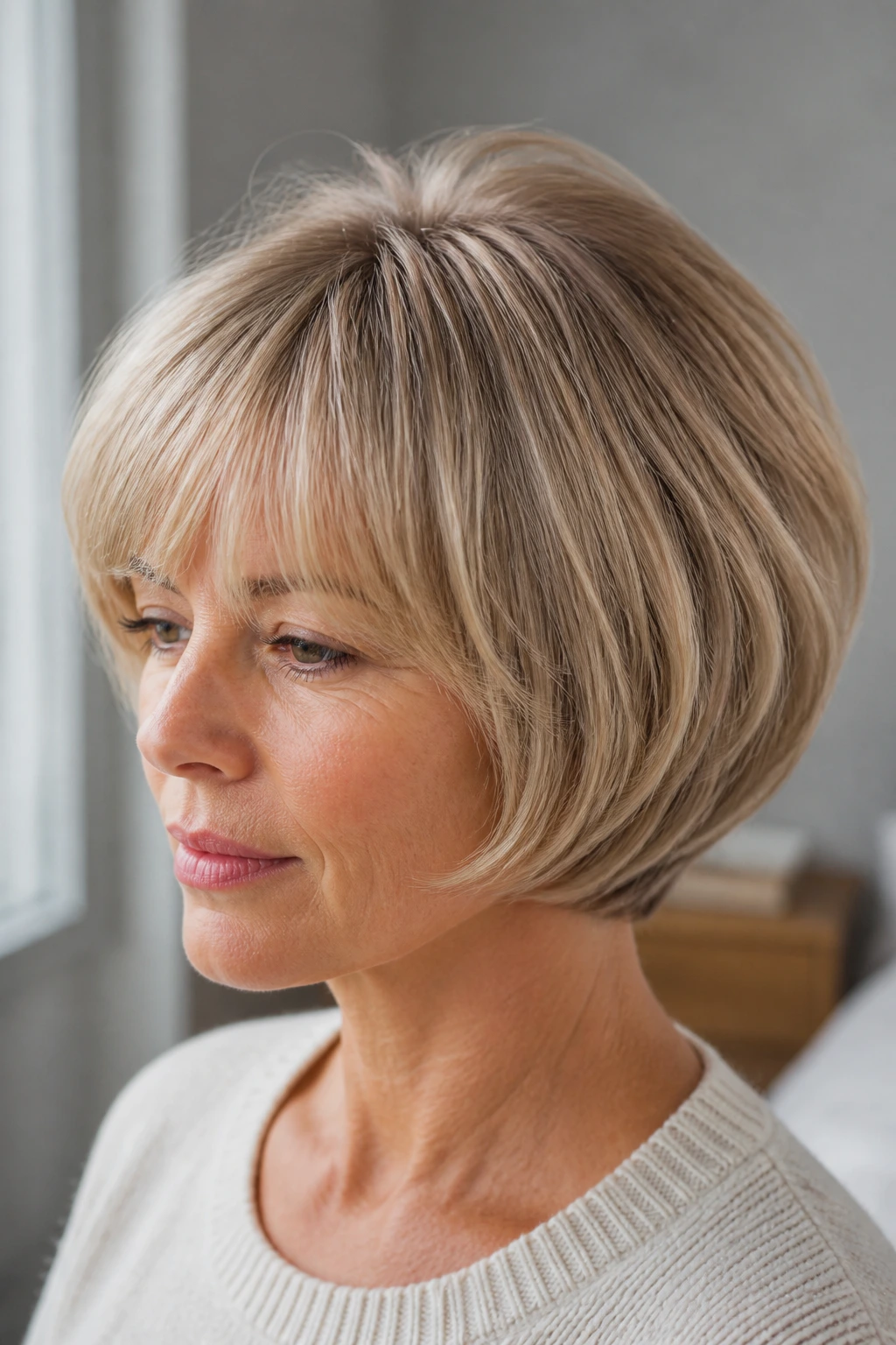 Portrait of a real woman with a rounded mushroom blonde bob and crown lift