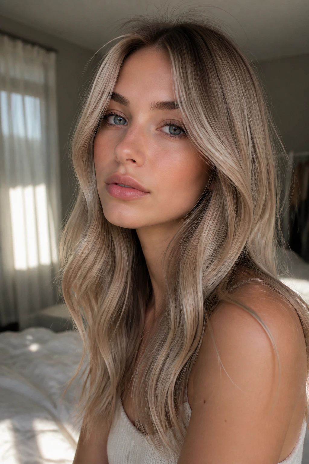 Close-up portrait of a real woman with cool mushroom blonde hair