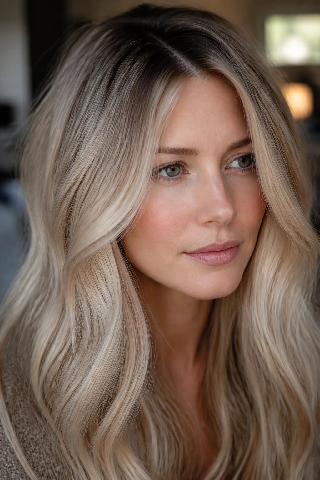 Close-up of a real woman with mushroom blonde hair and a cool root shadow.