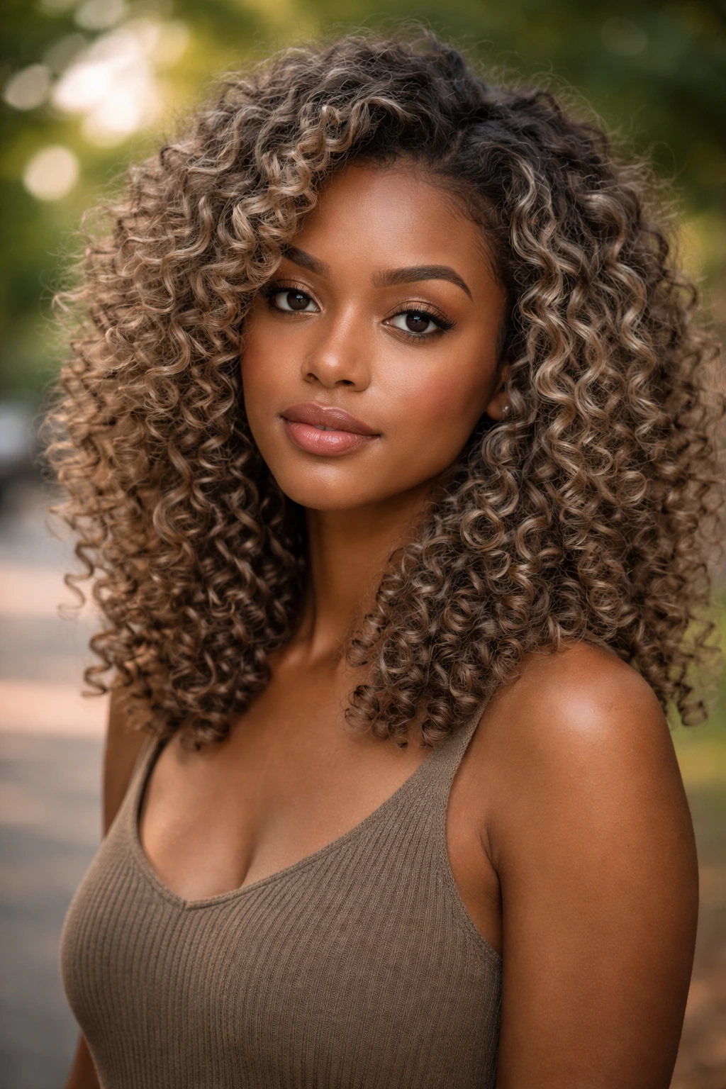 Close-up of a real woman with Mushroom Blonde hair in soft urban backdrop