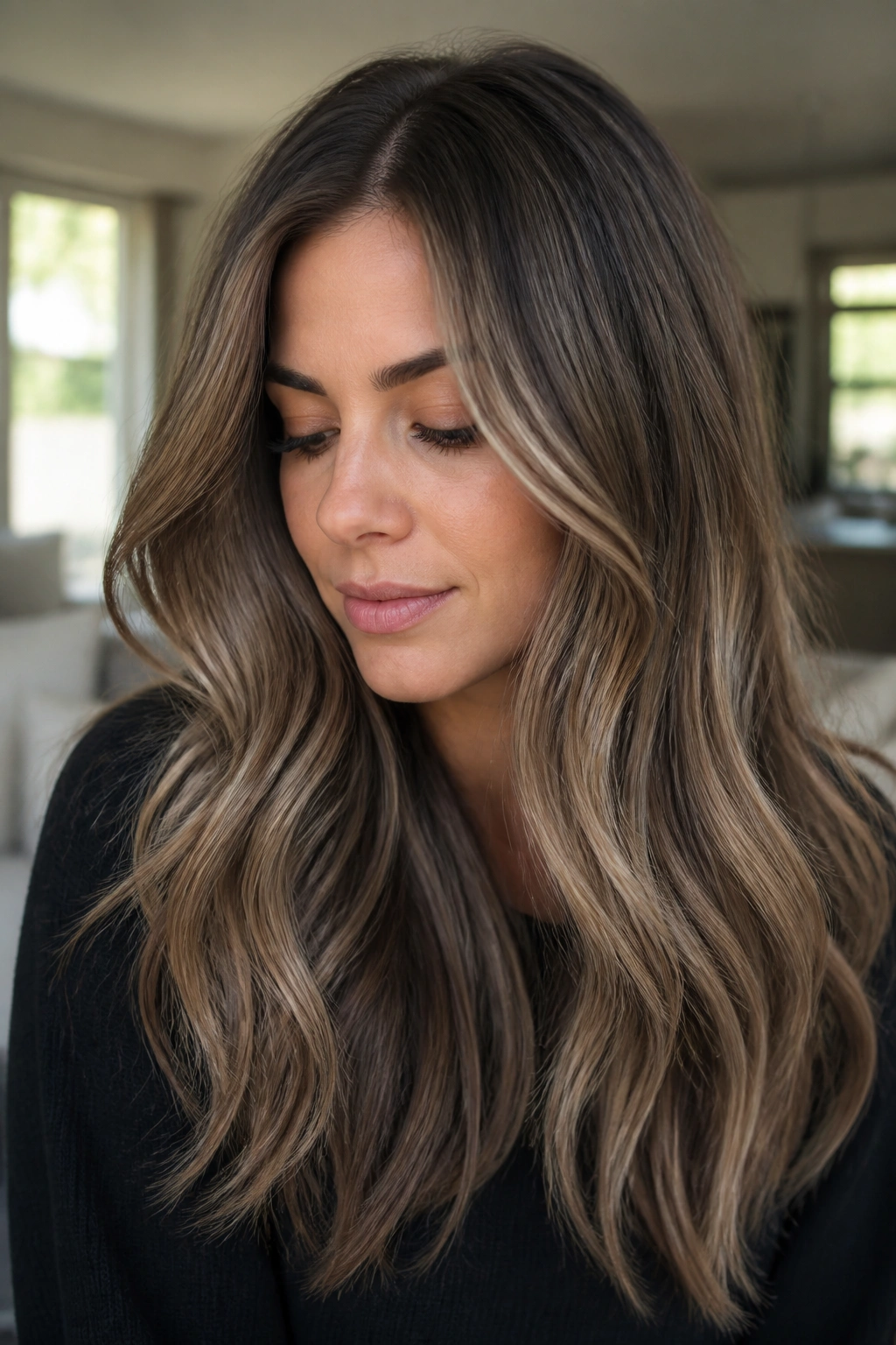 Portrait of a woman with mushroom blonde brown melt hair
