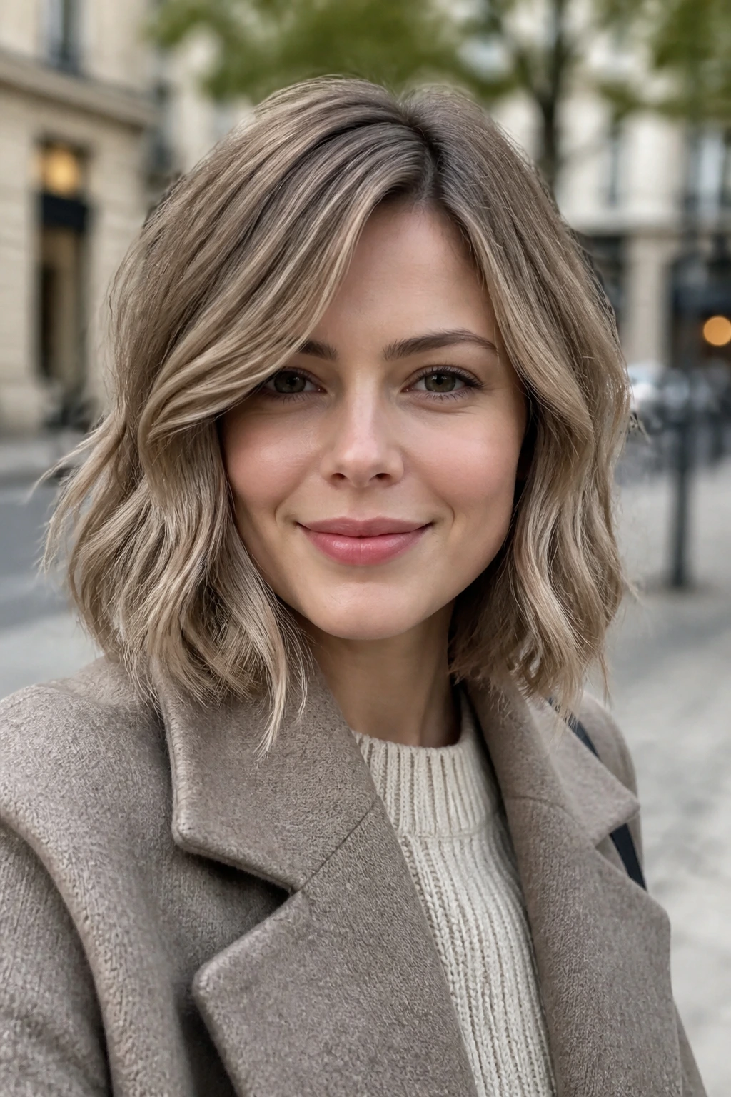 Close-up portrait of a real person with mushroom blonde hair and cool undertones.