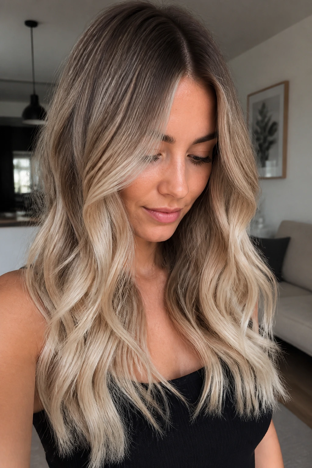 Close-up portrait of a real person with mushroom blonde and creamy ends in a bright living room