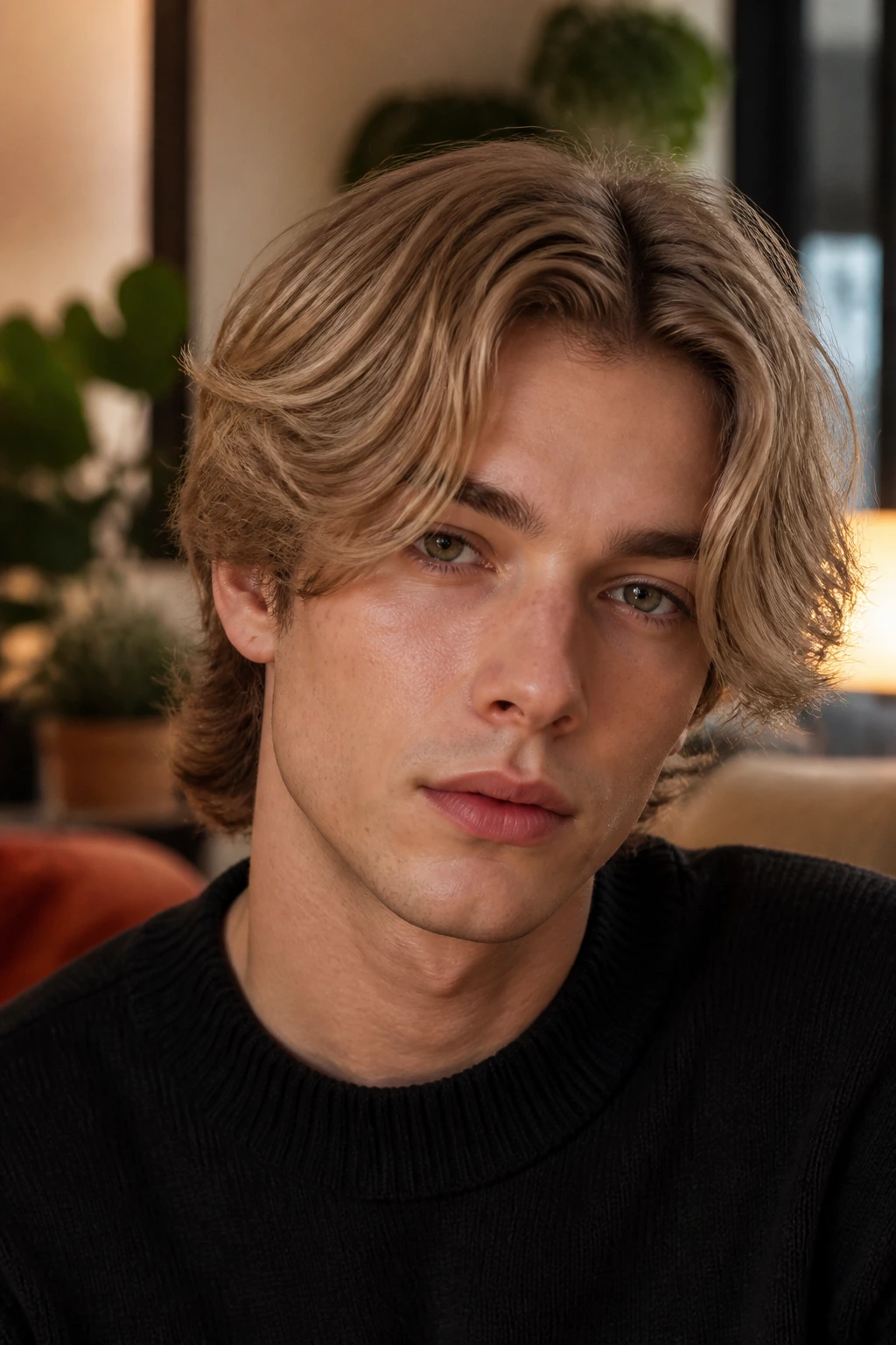 Close-up of a man with mushroom blonde curtains hairstyle in a cozy living room.