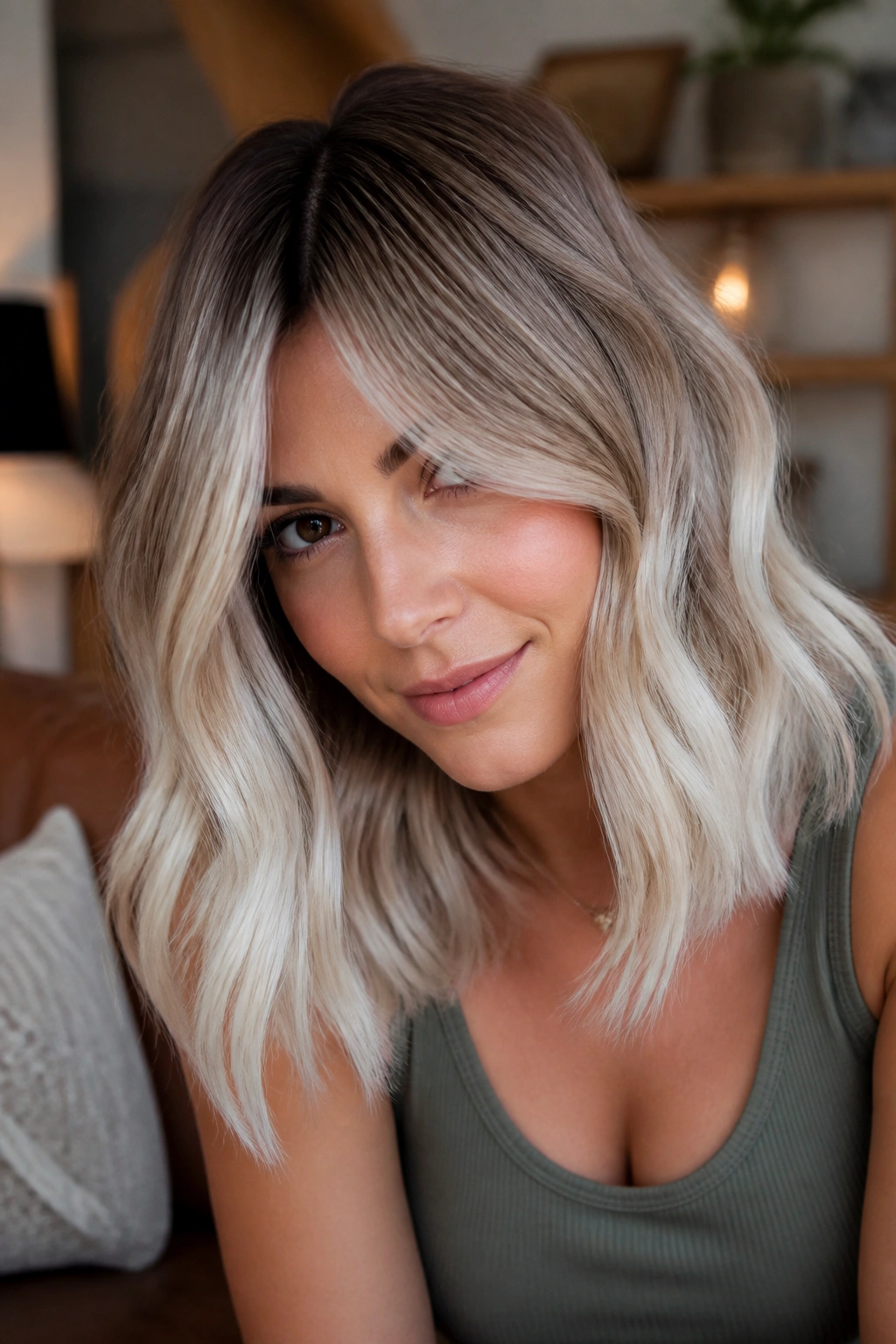 Portrait of a real woman with mushroom blonde hair, dark roots, and white ends in a cozy setting