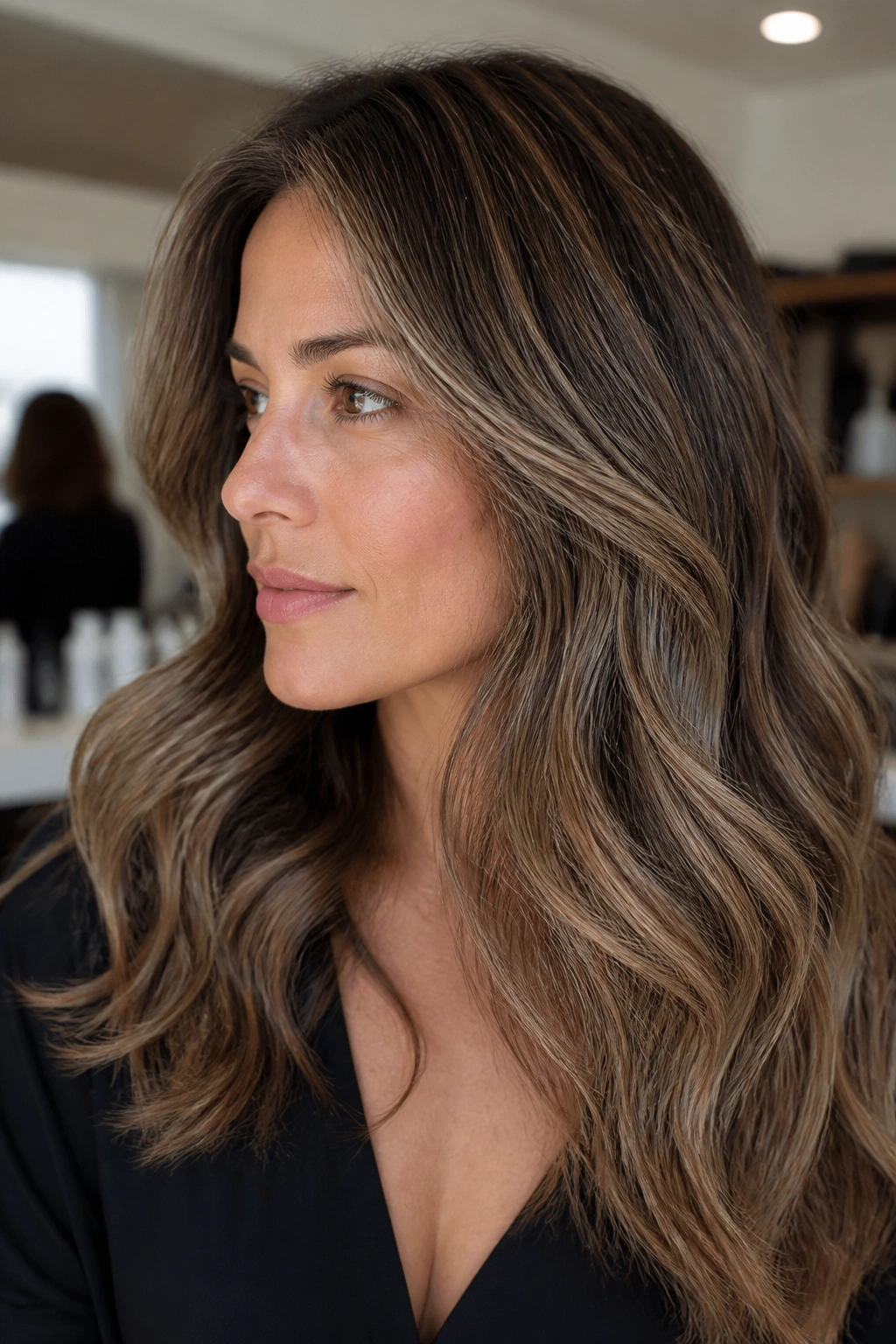 Close-up of a woman with mushroom blonde dimension on medium brown hair