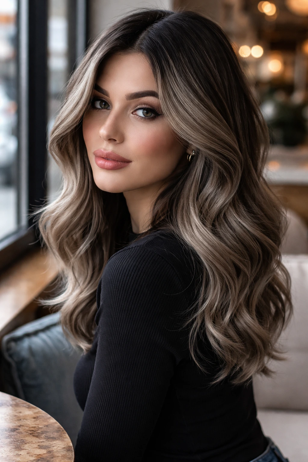 Close-up of a real woman with mushroom blonde shade