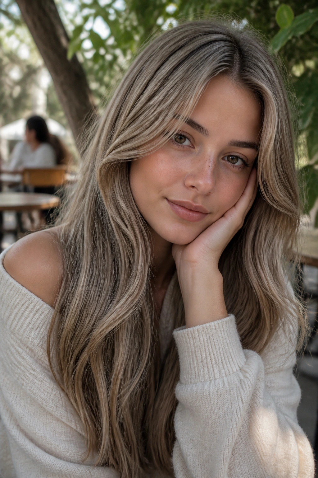 Portrait of a woman with mushroom blonde hair in natural outdoor daylight