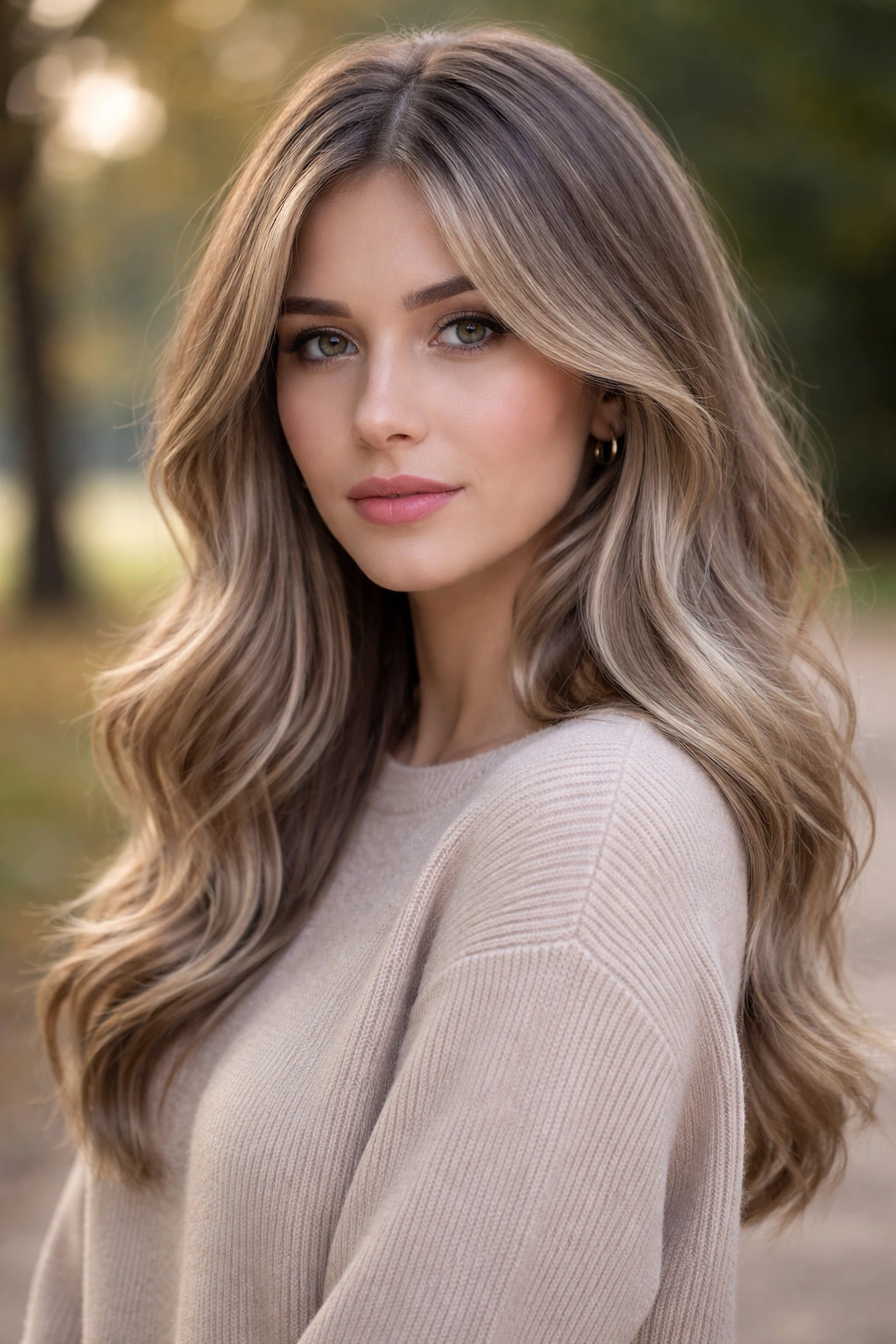 Close-up portrait of a real person with cool mushroom blonde hair and ash-brown base.