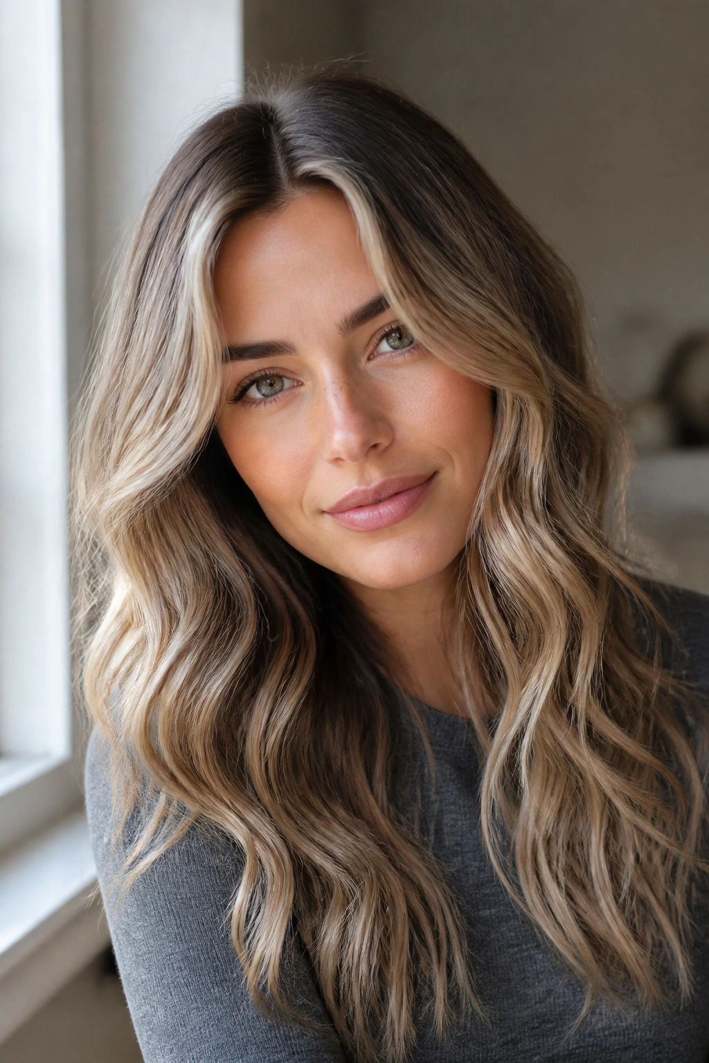 Close-up of woman with mushroom blonde roots fading to honey lengths with soft melt.