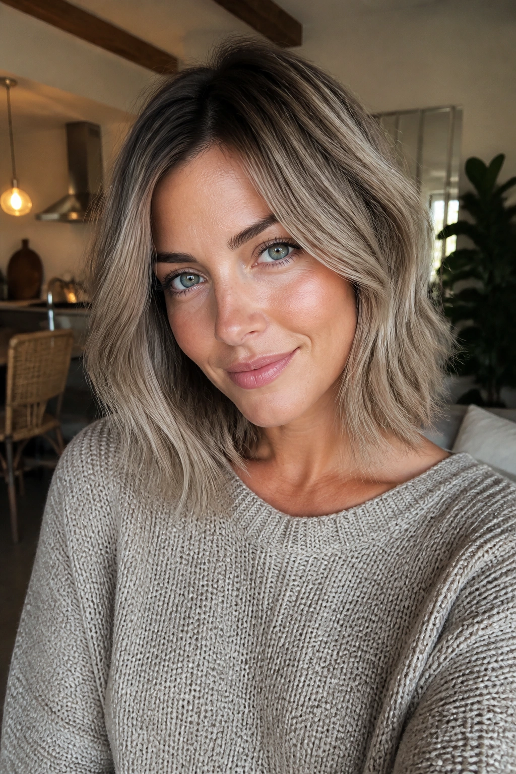 Real woman with mushroom blonde lob and shadow root, close-up portrait