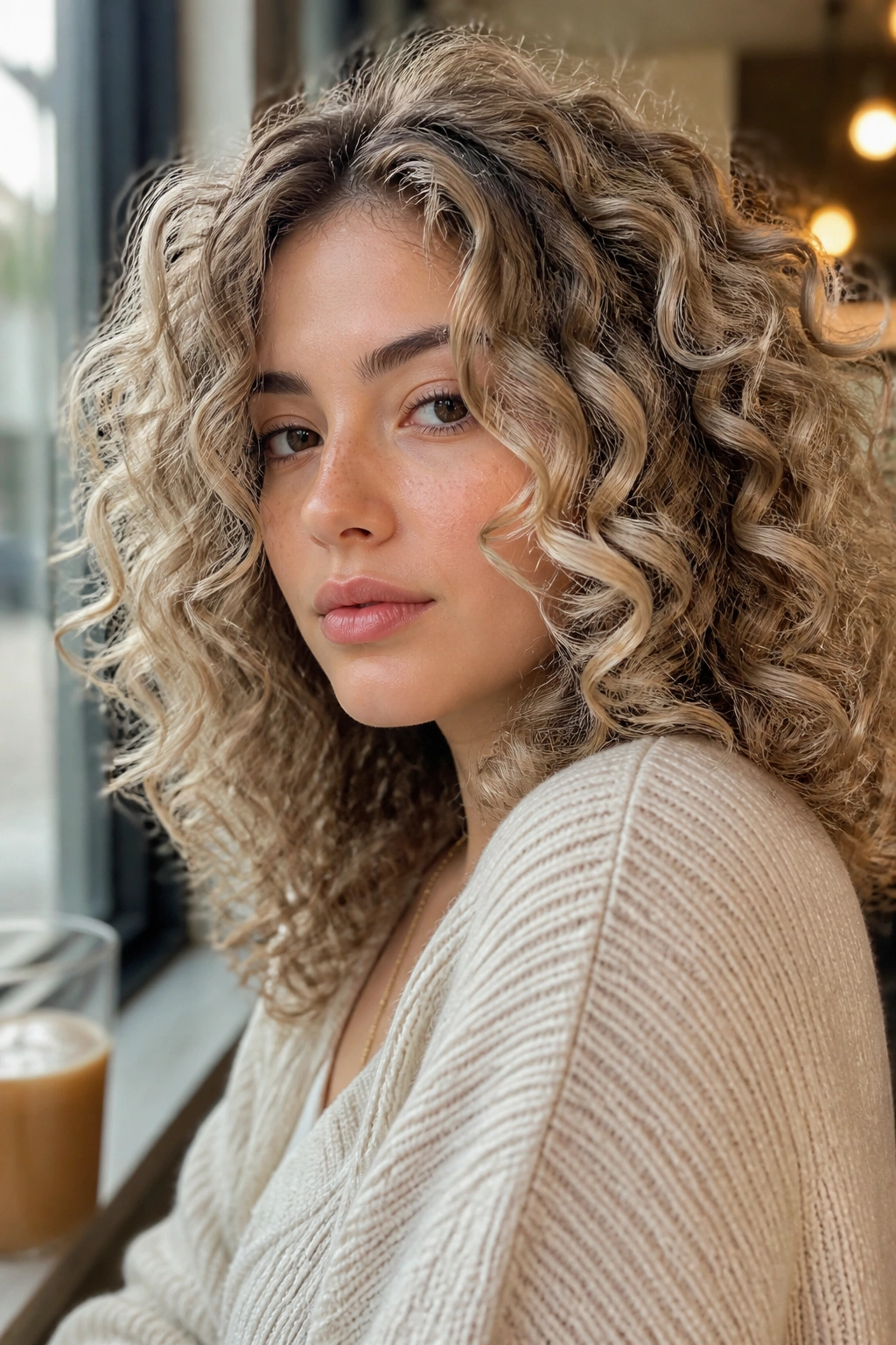 Close-up of a real woman with mushroom blonde hair and cool lowlights.