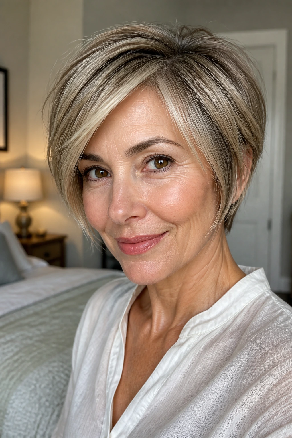 Close-up portrait of a real woman with mushroom blonde lowlights and highlights