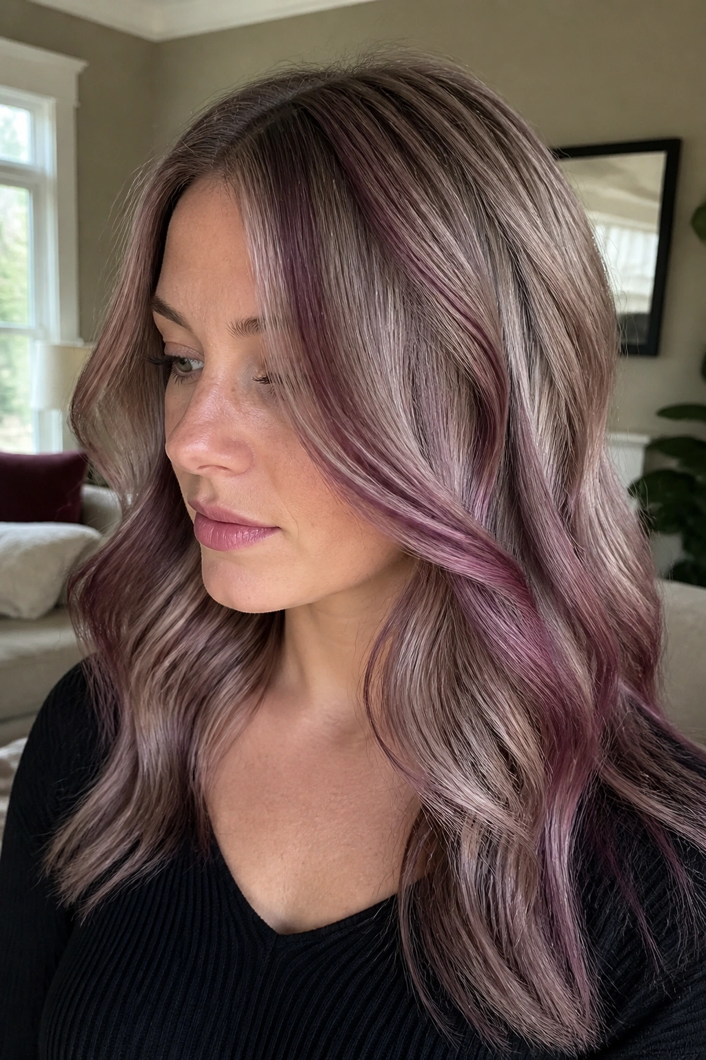 Close-up of woman with mushroom blonde and merlot balayage