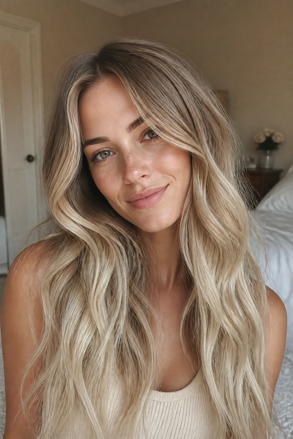 Close-up of long hair mushroom blonde to oat milk ombre on a real person