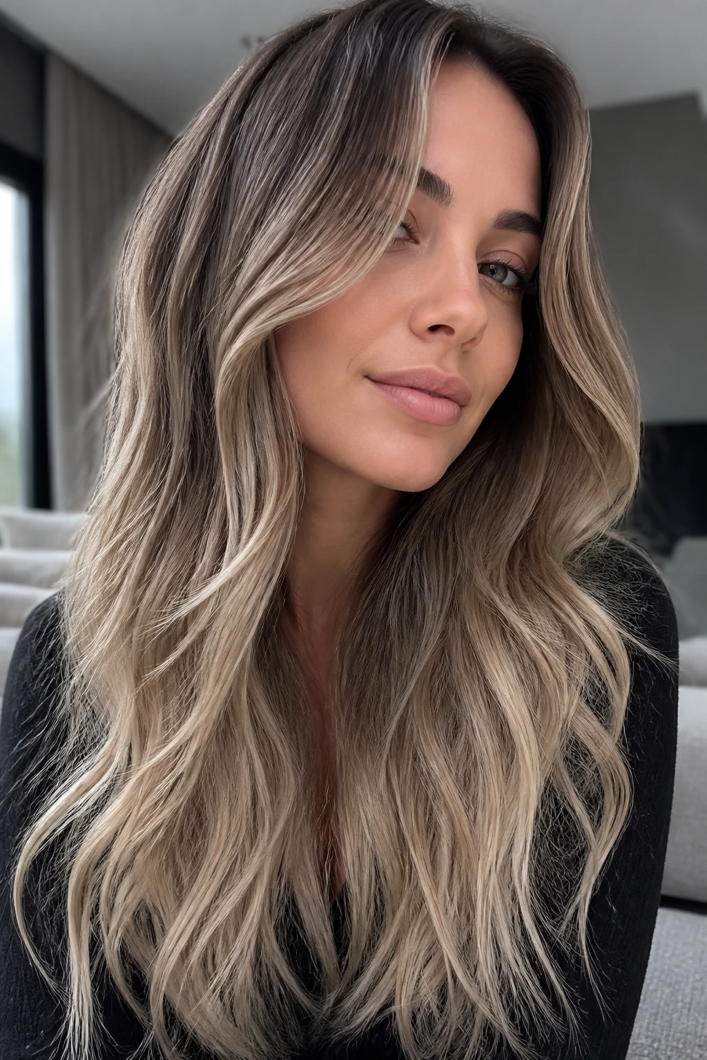 Close-up portrait of a real woman with mushroom blonde ombre and taupe-to-beige tones in soft light