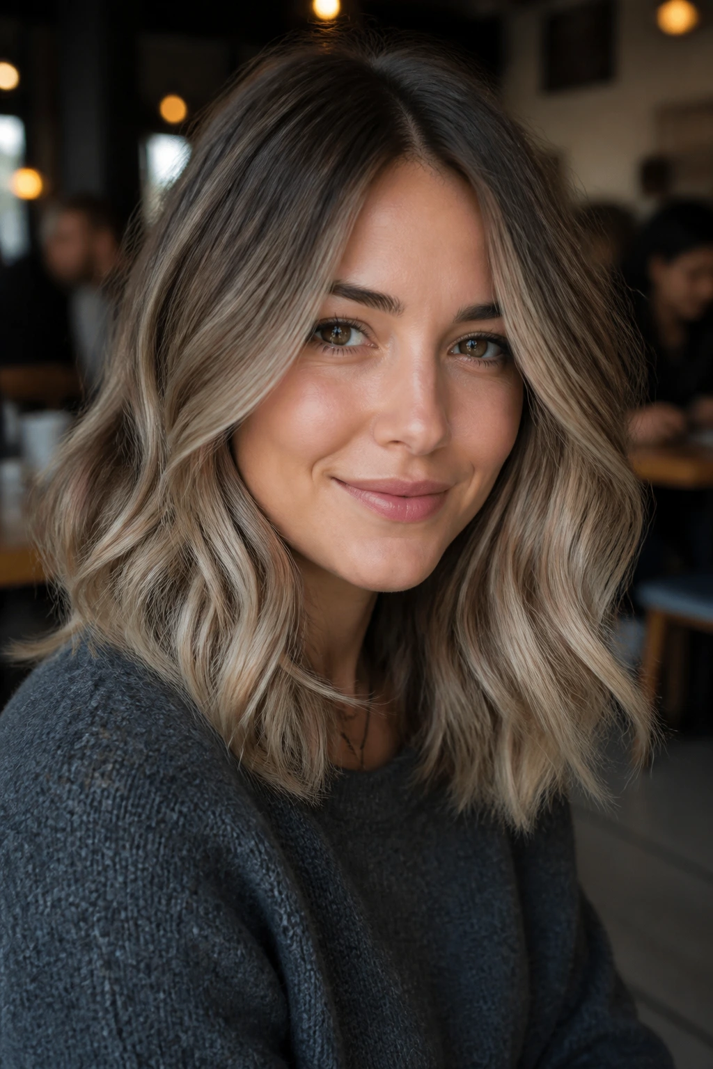 Close-up portrait of a real woman with mushroom blonde ombre featuring darker roots and beige mid to end tones