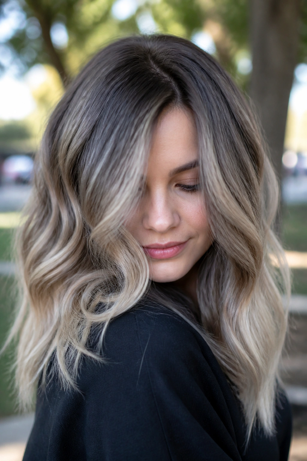 Woman with mushroom blonde ombré hair outdoors
