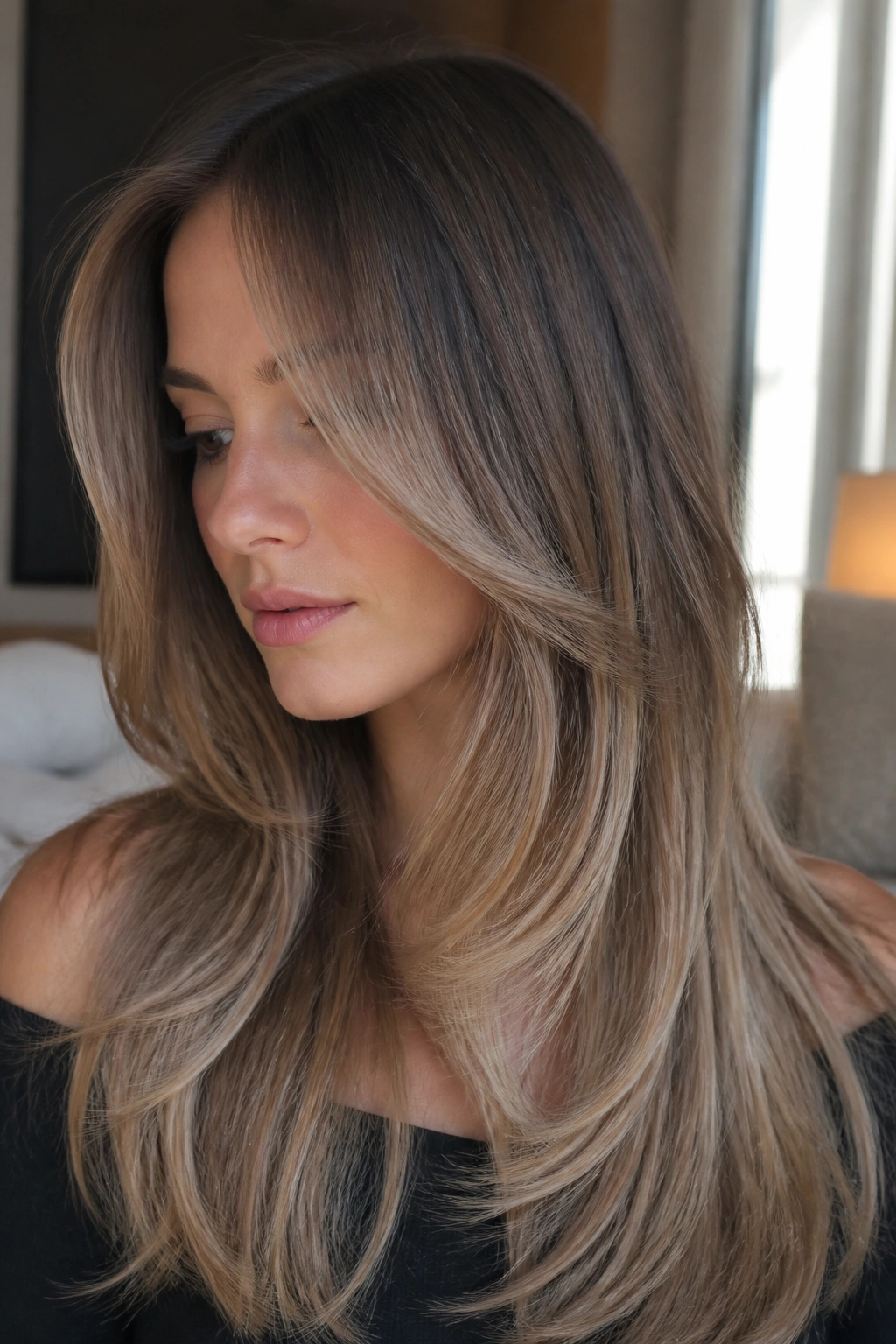 Close-up of a real person with mushroom blonde ombre on long layered hair.