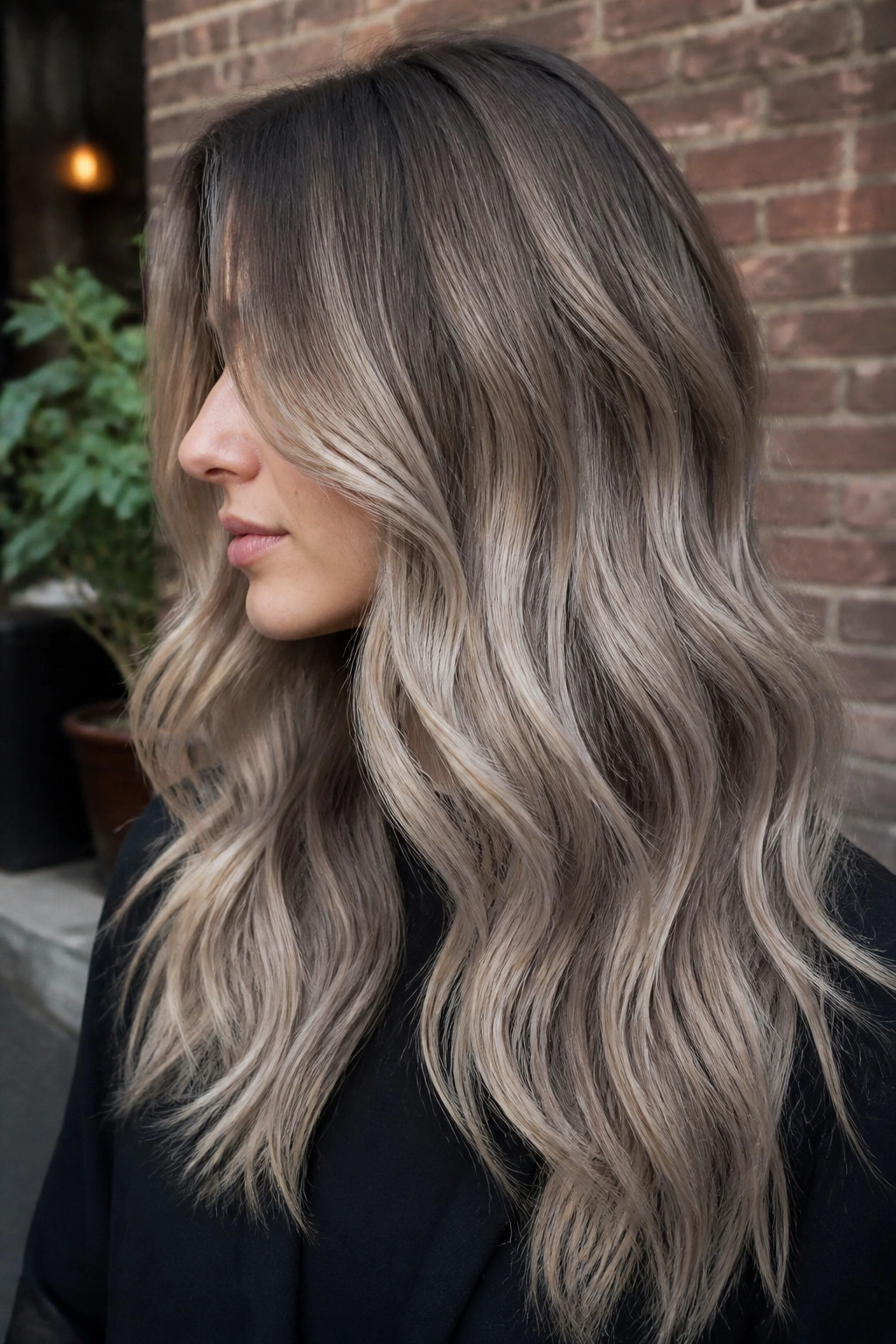 Close-up of a real woman with mushroom blonde ombre smoky ends