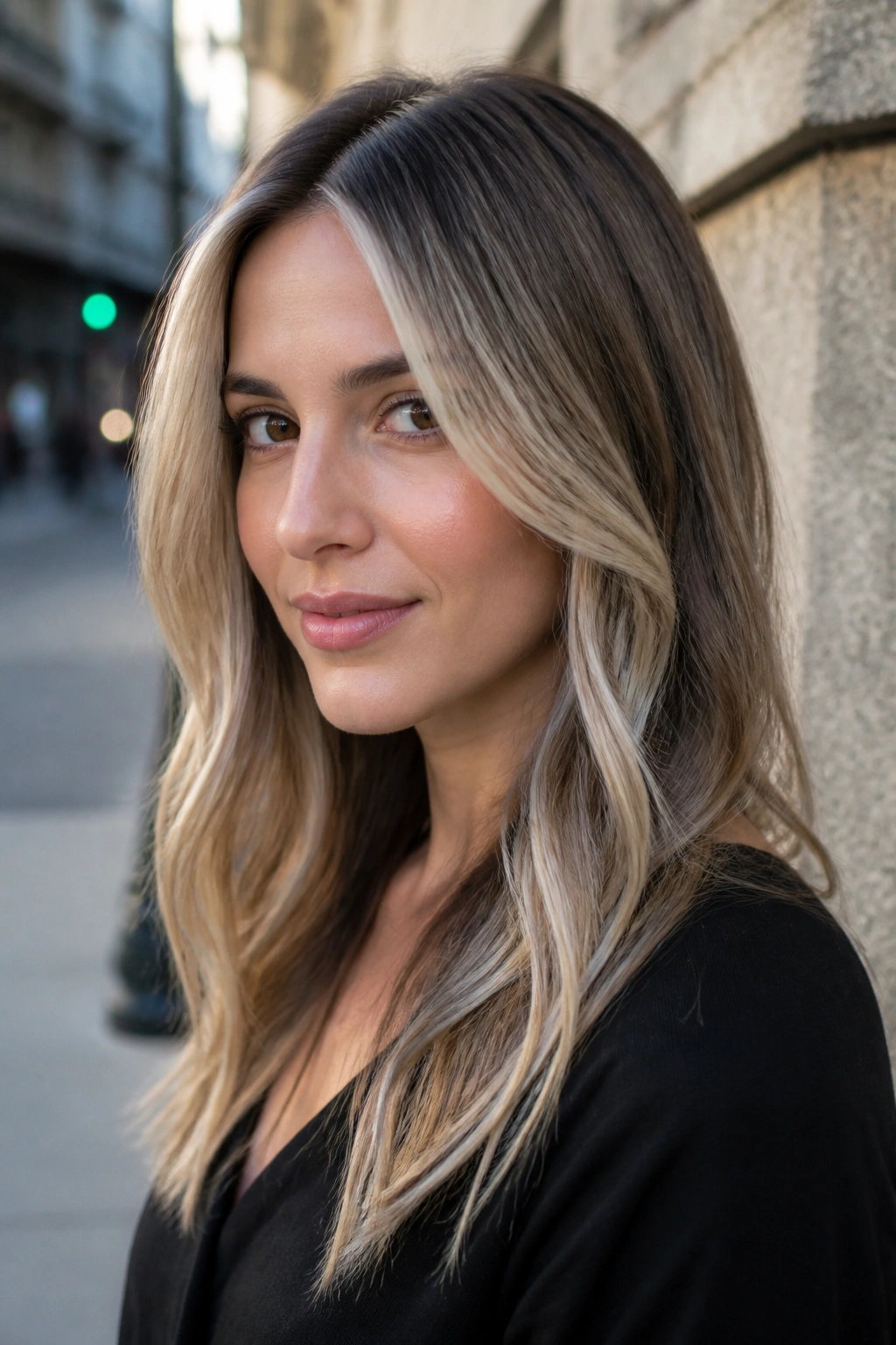 Close-up portrait of a real woman with mushroom blonde hair framing the face.