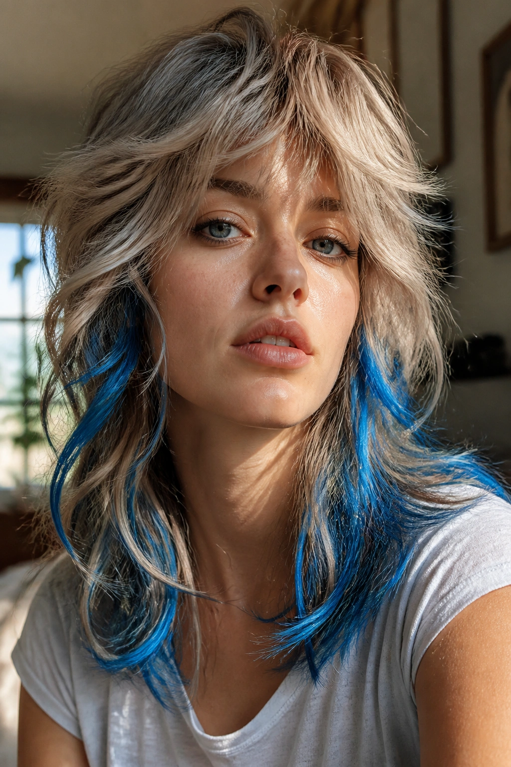 Close-up portrait of a real woman with mushroom blonde shag and ocean blue ribbons woven through the layers