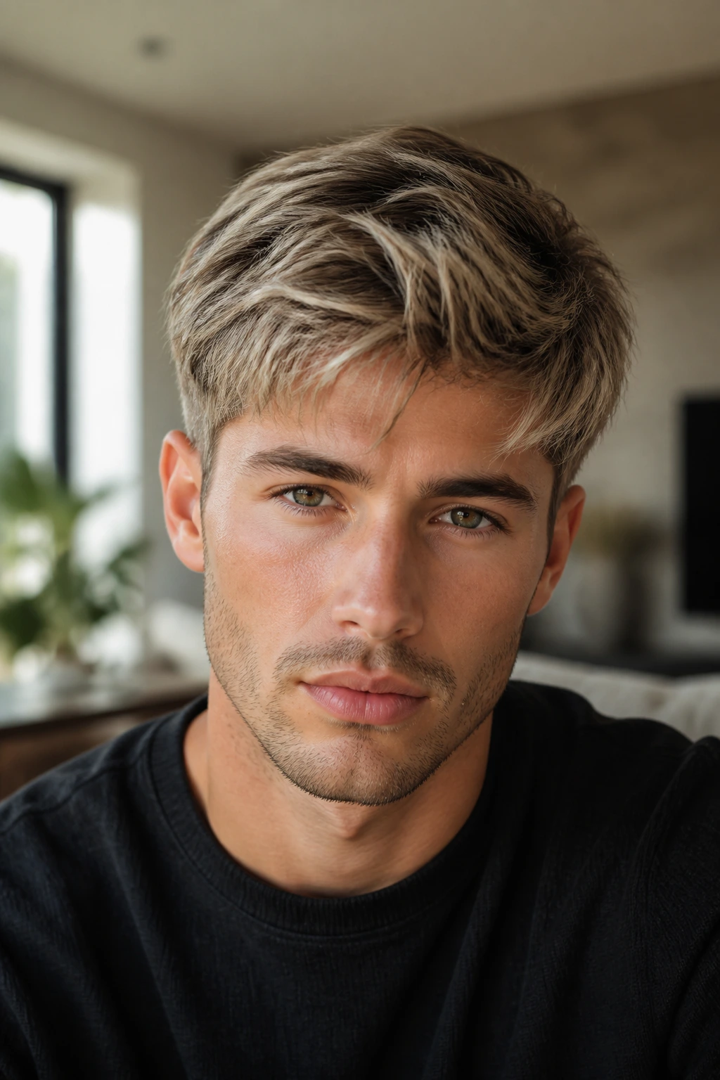 Man with mushroom blonde shade and shadow root under natural window light.
