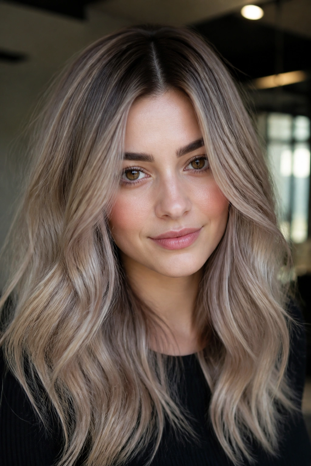 Portrait of woman with mushroom blonde and smoky shadow root