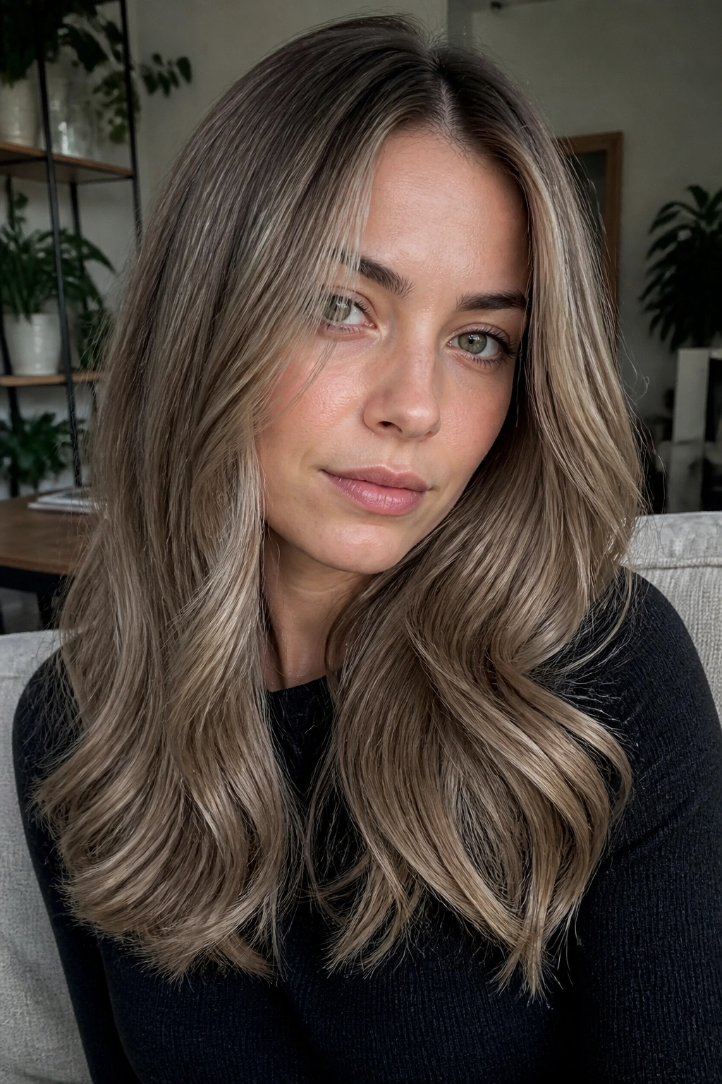 Close up portrait of a real woman with mushroom blonde hair and taupe depth