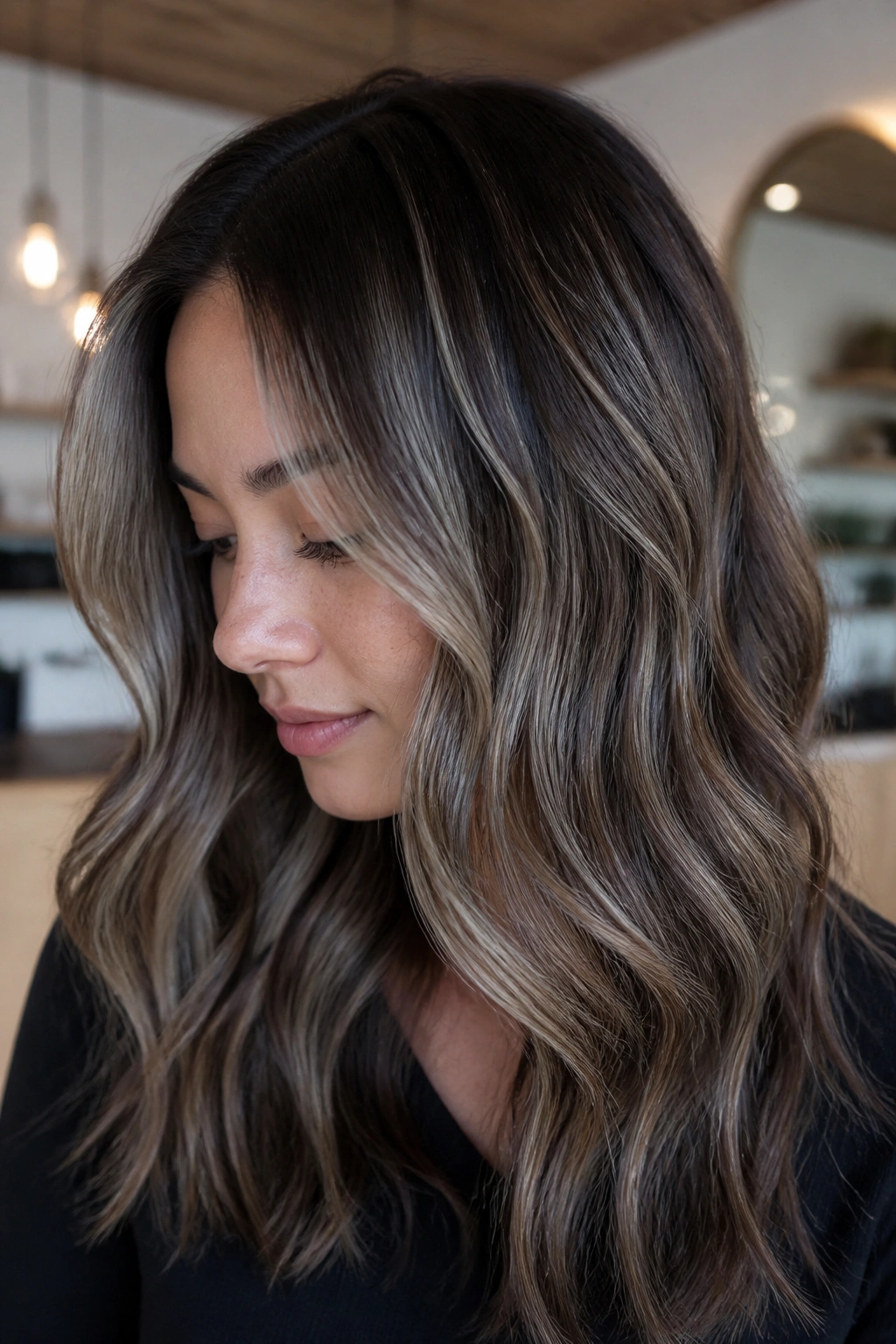 Close-up of brunette hair with mushroom-blonde threads for a cool, muted look