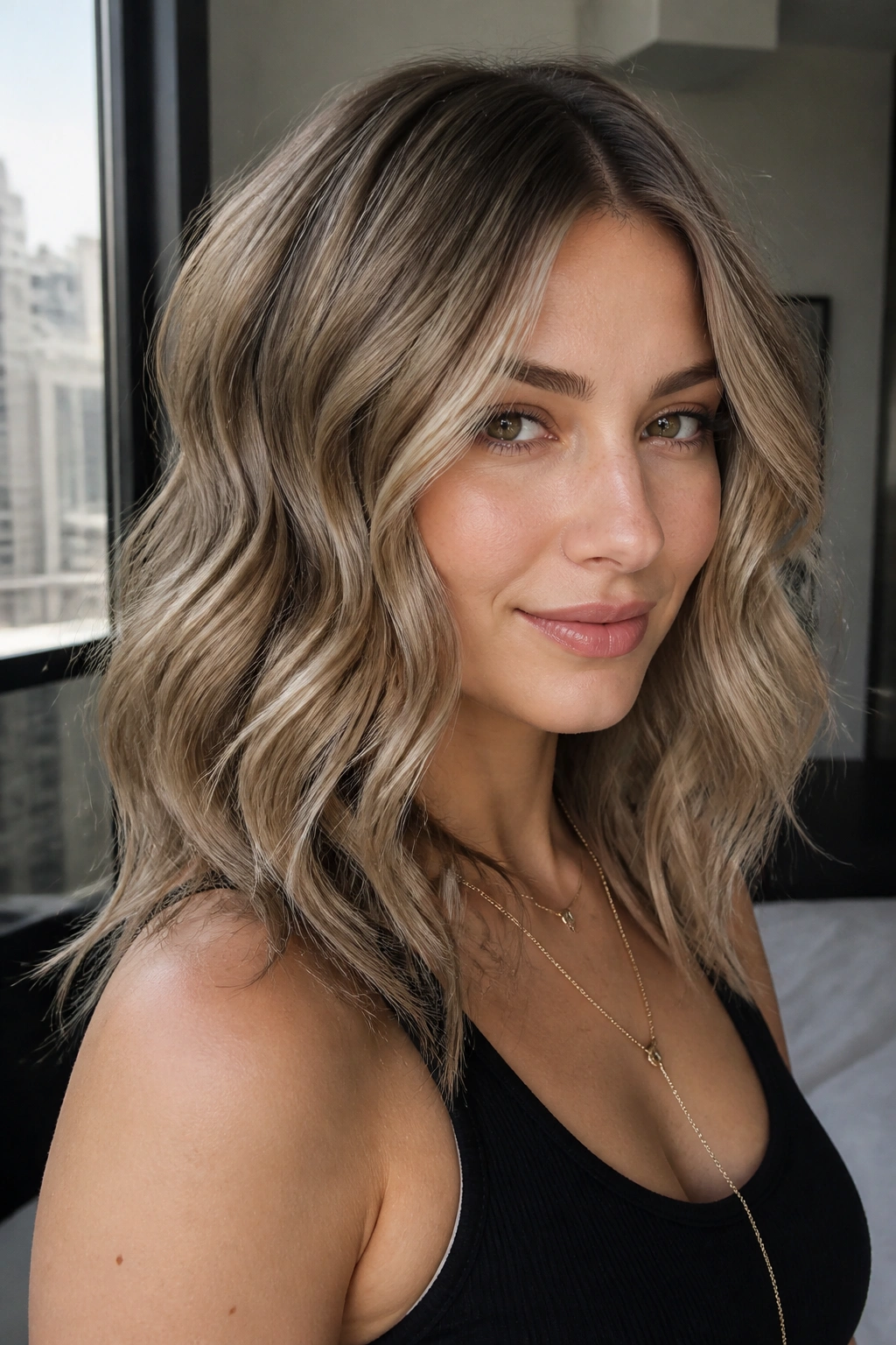 Close-up portrait of a real woman with Mushroom Blonde cool taupe-ash hair in soft daylight.