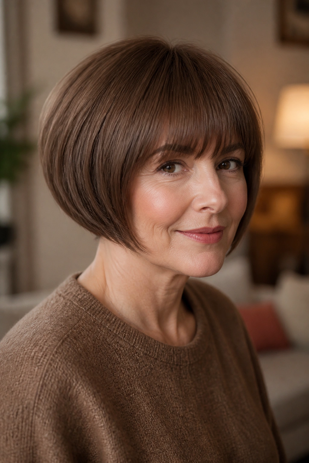 Close-up of a real woman with rounded mushroom bob in mocha brown