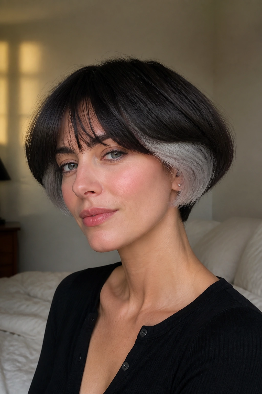 Close-up of a real woman with a mushroom-shaped bob and smoked-white panels.