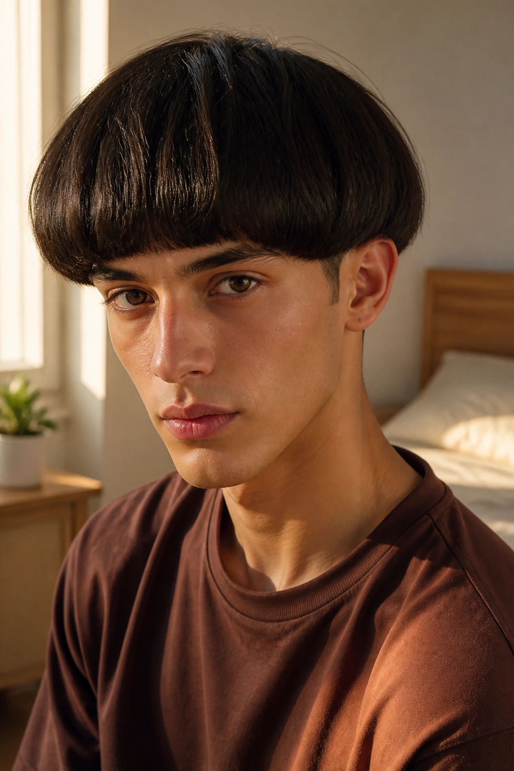 Close-up portrait of a real person with a mushroom bowl cut featuring a dense crown and crisp perimeter in sunlit room