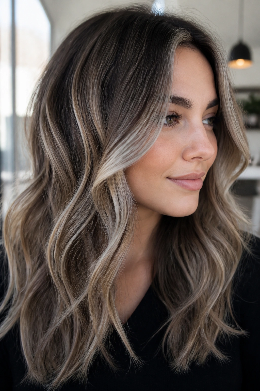 Portrait of a woman with mushroom bronde balayage on cooler brunette hair
