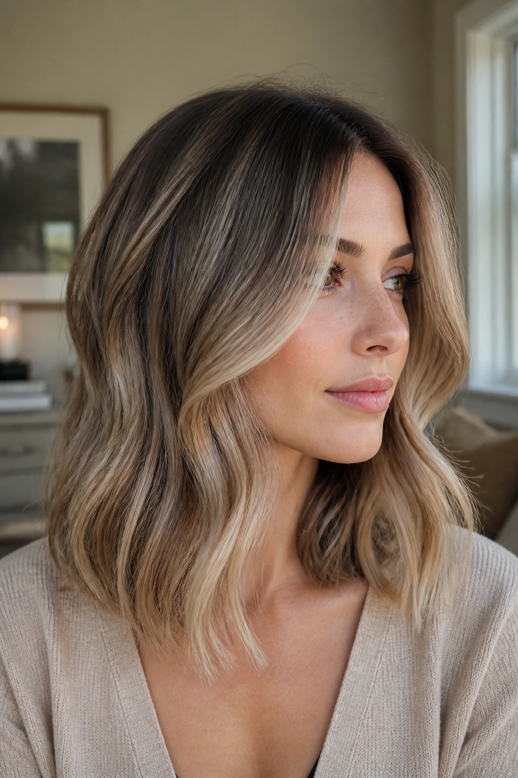 Close-up portrait of a woman with mushroom bronde hair and a soft root shadow.