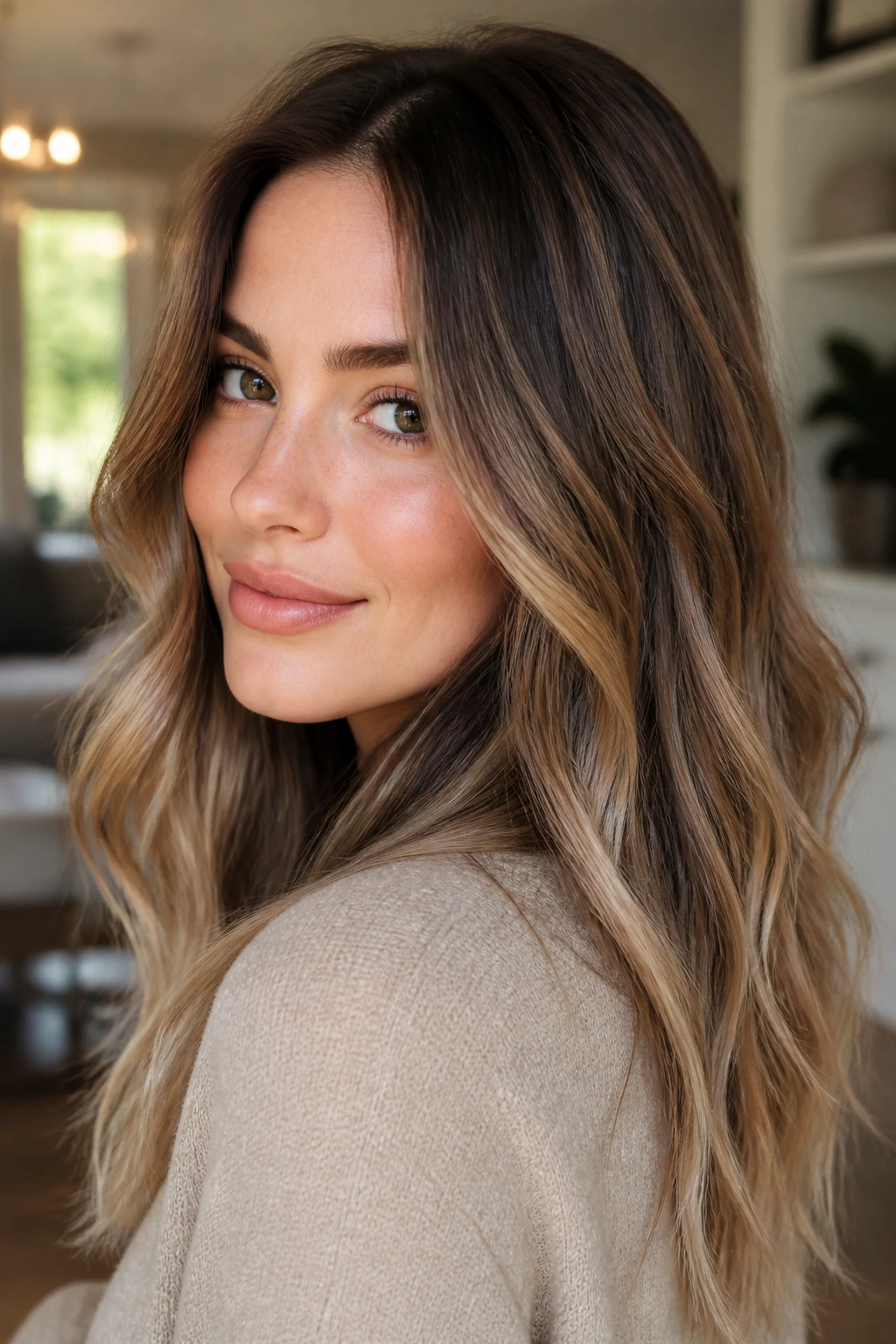 Close-up of real woman with mushroom bronde melt hair